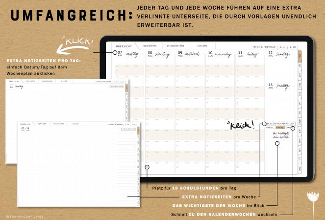 Detailansicht Wochenplanung, digitaler Lehrerkalender 2023 2024 mit extra Notizseiten für jeden Tag und jede Woche